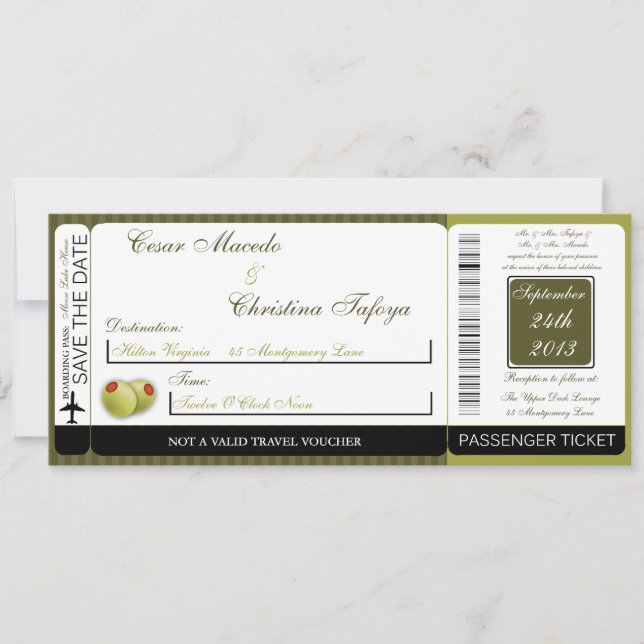 Martini Olives Gr Boarding Pass Wedding Invitation (Front)