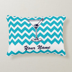 Martini Pictogram with Blue Chevron Pattern Accent Pillow