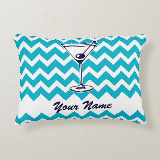 Martini Pictogram with Blue Chevron Pattern Accent Pillow