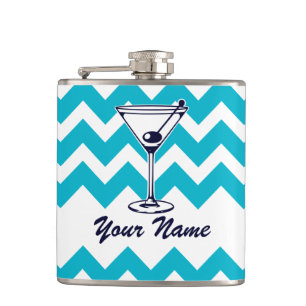 Martini Pictogram with Blue Chevron Pattern Hip Flask