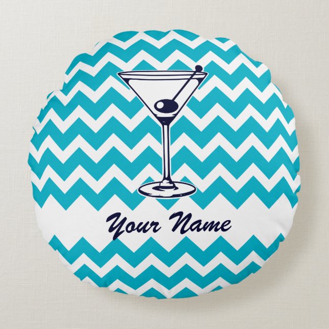 Martini Pictogram with Blue Chevron Pattern Round Pillow (Front)