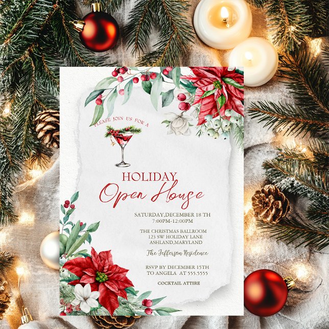  Martini Poinsettia Red Holiday Open House Invitation (Creator Uploaded)