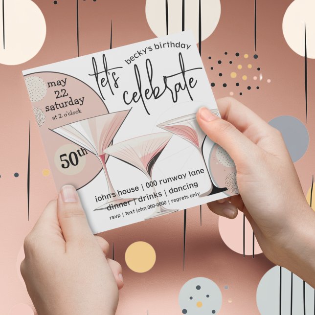 Martini Retro | Blush Pink | Ivory | Pattern Invitation (Martini retro blush pink 50th birthday party customizable invitation. )