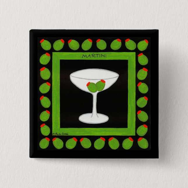 Martini Retro Drink Green Olives Black Badge 2 Inch Square Button (Front)