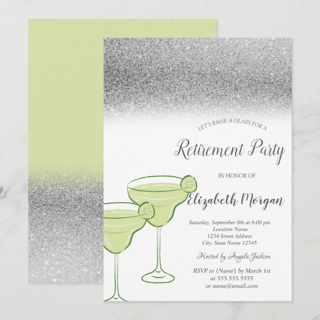 Martini Silver Glitter Bokeh Green Retirement Invitation (Front/Back)