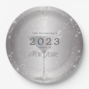 Martini Silver Glitter New Years Eve Party Paper Plate