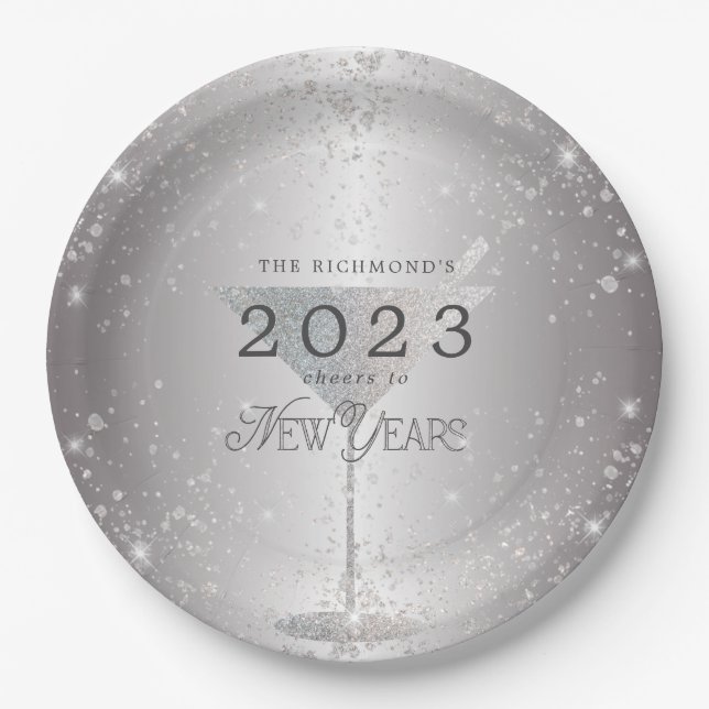 Martini Silver Glitter New Years Eve Party Paper Plate (Front)