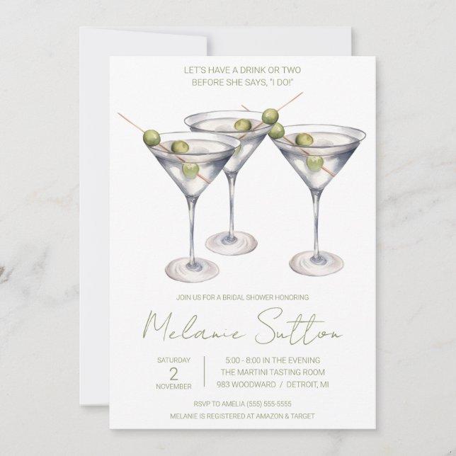 Martini with Olives, Cocktail Drink, Bridal Shower Invitation (Front)