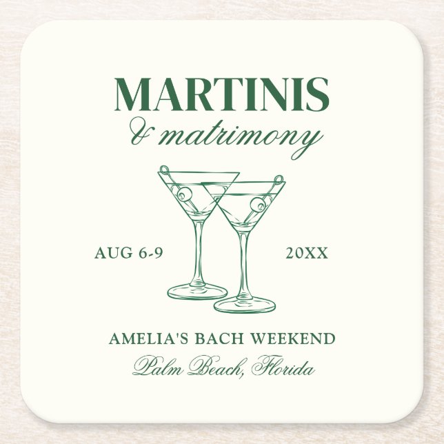 Martinis & Matrimony Bachelorette Weekend Square Paper Coaster (Front)