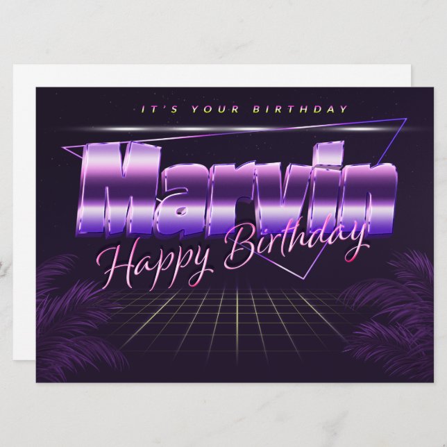 Marvin prénom nom carte rétro lilas anniversaire (Devant / Derrière)