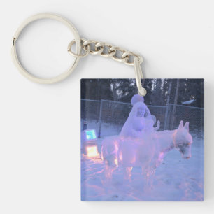 Mary And Baby Jesus Night Snow Winter Sculpture Keychain