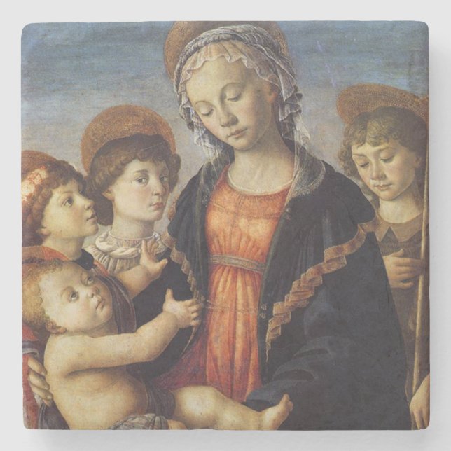 Mary and Baby Jesus With Angels Christmas Stone Coaster (Front)