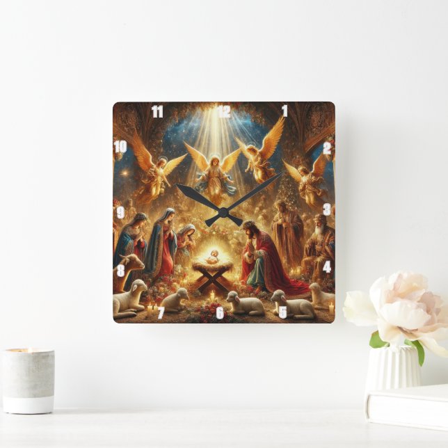 Mary and Joseph tenderly adoring baby Jesus Square Wall Clock (Home)