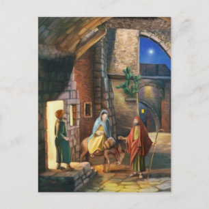 Mary and Joseph with a donkey on Christmas Eve Holiday Postcard