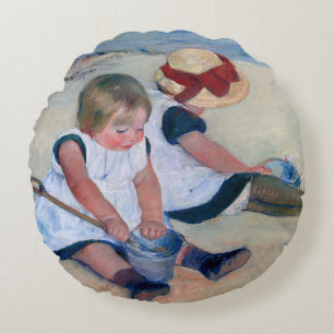 Mary Cassatt Children Playing on the Beach 1884  Round Pillow