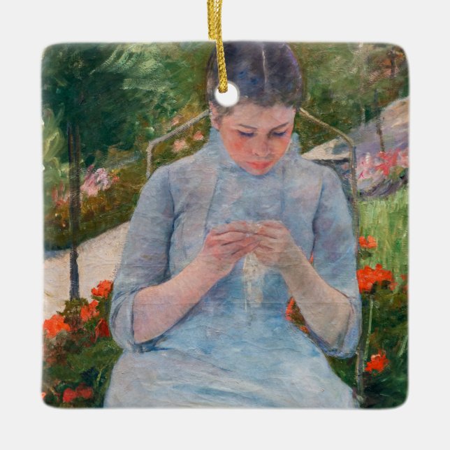 Mary Cassatt - Girl sewing in a Garden Ceramic Ornament (Front)