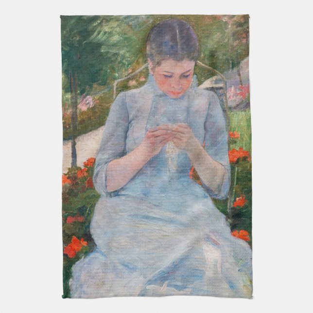 Mary Cassatt - Girl sewing in a Garden Kitchen Towel (Vertical)