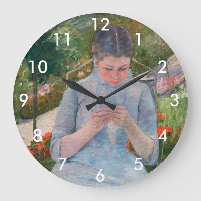 Mary Cassatt - Girl sewing in a Garden Large Clock (Front)