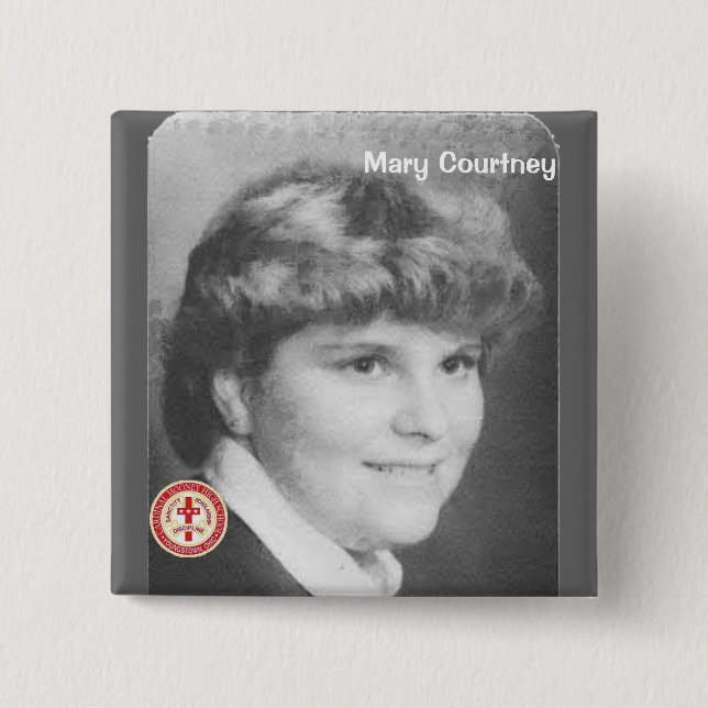 Mary Courtney 2 Inch Square Button (Front)
