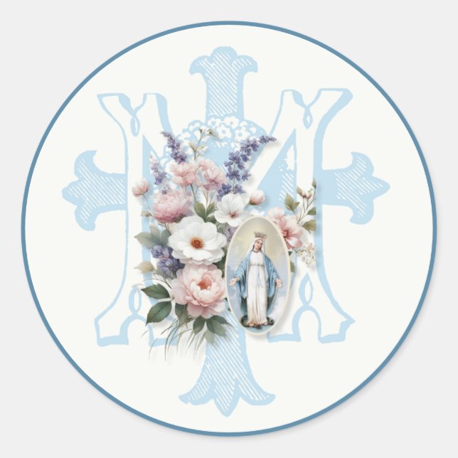Mary Floral Monogram  Marian Cross Religious Classic Round Sticker (Front)