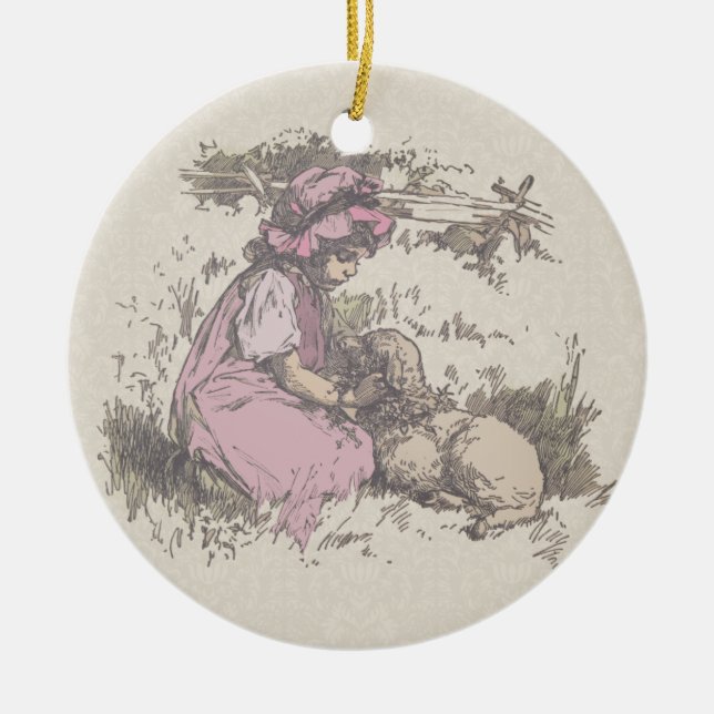 Mary Had a Little Lamb Nursery Rhyme Ceramic Ornament (Front)