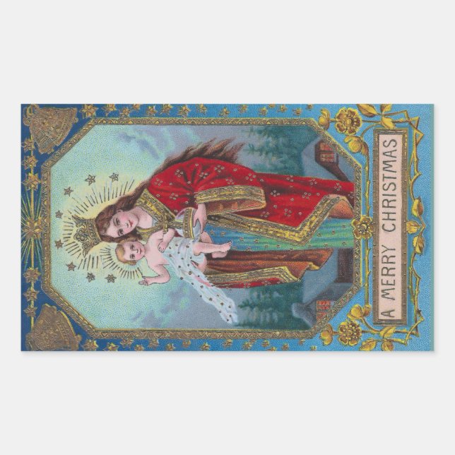 Mary, Jesus and Globus Cruciger Vintage Christmas Sticker (Front)