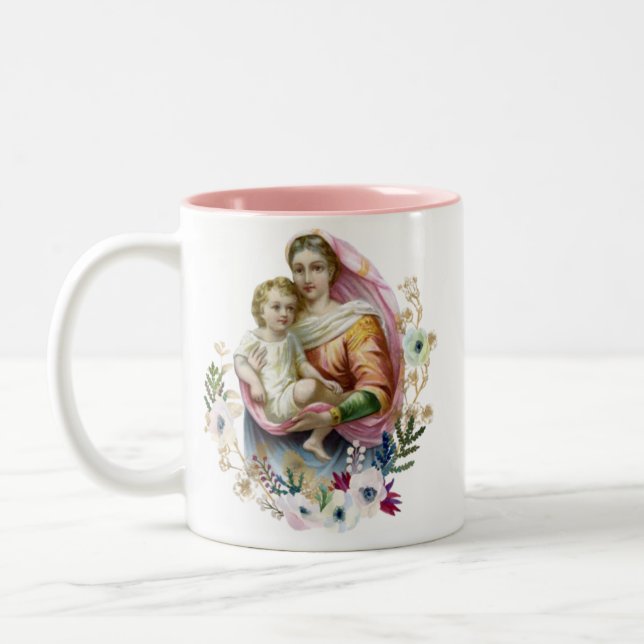Mary & Jesus Floral religious Memorare Prayer Two-Tone Coffee Mug (Left)