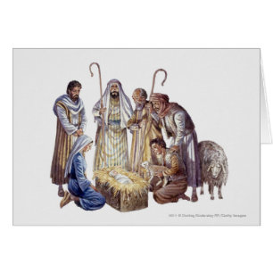 Mary, Joseph, and shepherds surrounding baby Jesus