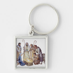 Mary, Joseph, and shepherds surrounding baby Jesus Keychain