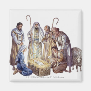 Mary, Joseph, and shepherds surrounding baby Jesus Magnet