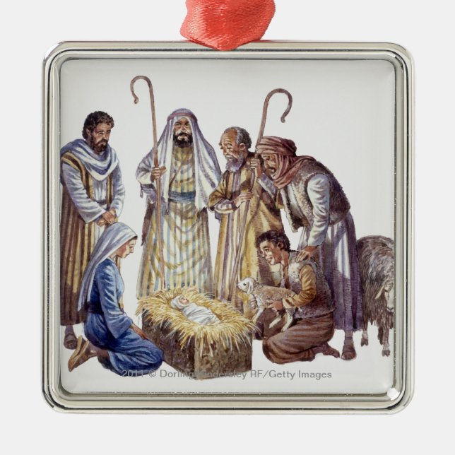Mary, Joseph, and shepherds surrounding baby Jesus Metal Ornament (Front)
