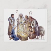 Mary, Joseph, and shepherds surrounding baby Jesus