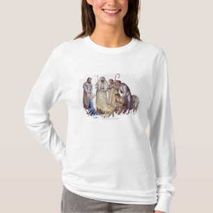 Mary, Joseph, and shepherds surrounding baby Jesus T-Shirt