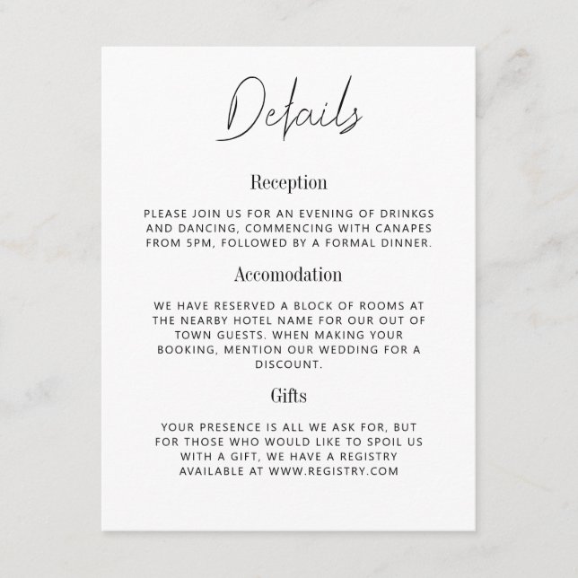 Mary - Minimalist Details Wedding Enclosure Card (Front)