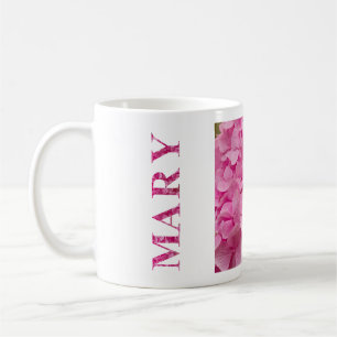 Mary, Personalized Pink Hydrangea Floral Lettering Coffee Mug