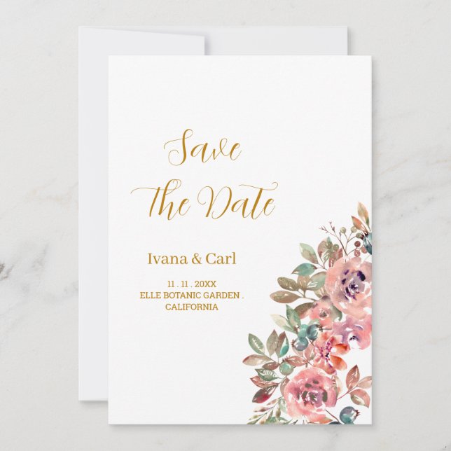 MARY Watercolor Rose Emerald Green Save The Date (Front)