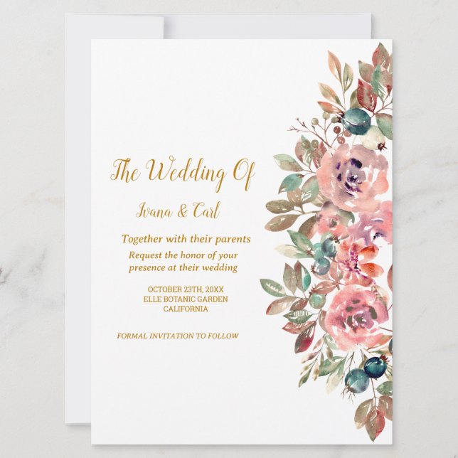MARY Watercolor Rose Emerald Green Wedding Invitation (Front)
