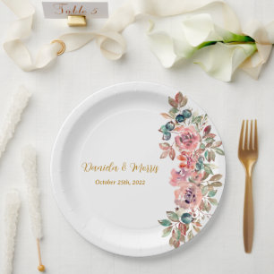 MARY Watercolor Rose Emerald Green Wedding Paper Plate