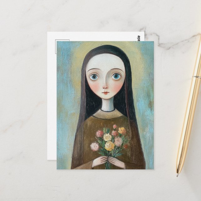 Mary With Flowers Postcard (Front/Back In Situ)