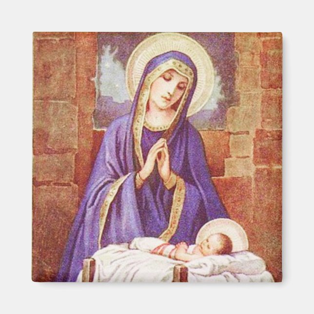 Mary With Jesus in Manger Vintage Magnet (Front)