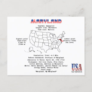 Maryland American state on a map and useful info Holiday Postcard
