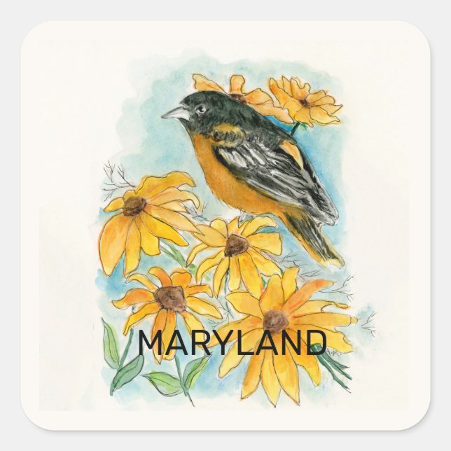 Maryland bird and flower square sticker (Front)