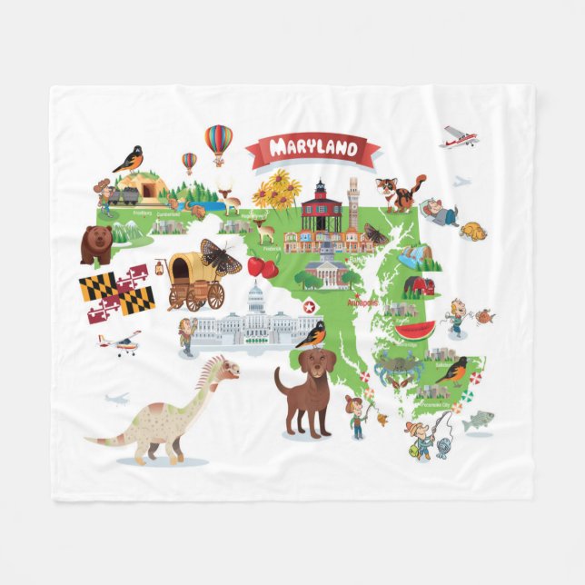 Maryland Cartoon Map Fleece Blanket (Front (Horizontal))