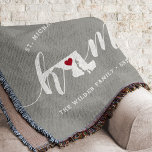 Maryland Home State Personalized Rustic Throw Blanket<br><div class="desc">Show some home state pride with this cute rustic grey throw blanket featuring "home" in white calligraphy script lettering with a silhouette map of the state of Maryland standing in for the letter "O." A red heart illustration inside the state map completes the design; you can change the position of...</div>