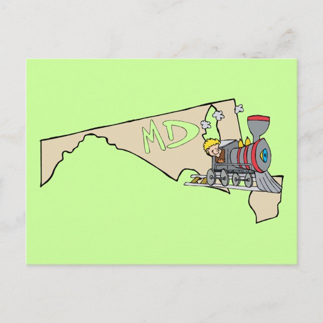 Maryland MD Map & Locomotive Cartoon Art Motto Postcard (Front)
