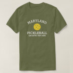 Maryland Pickleball Add Club Partner Name Custom T-Shirt<br><div class="desc">Show off your love of Maryland pickleball (easily change state name and shirt colour) with this awesome pickleball shirt for clubs, teams, partners or everyday court wear. Just add your 3 lines of custom text to make a totally unique pickleball shirt. Great for tournaments, matching club shirts or to give...</div>
