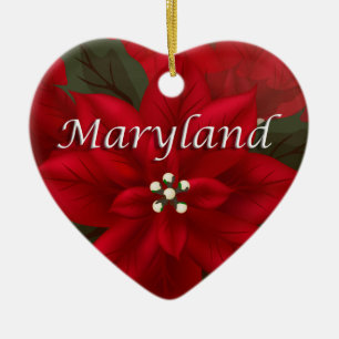 Maryland Red Poinsettia Heart  Keepsake Ornament