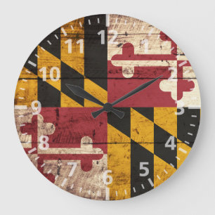 Maryland State Flag on Old Wood Grain Large Clock