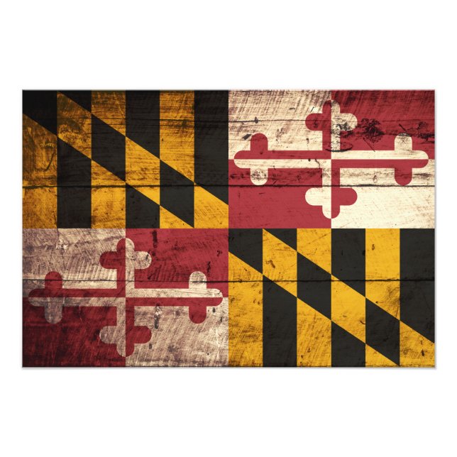 Maryland State Flag on Old Wood Grain Photo Print (Front)