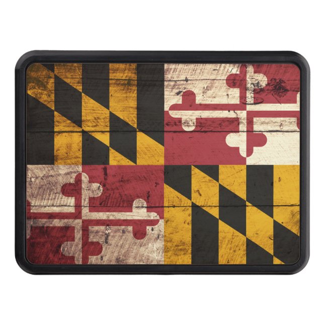 Maryland State Flag on Old Wood Grain Trailer Hitch Cover (Front)